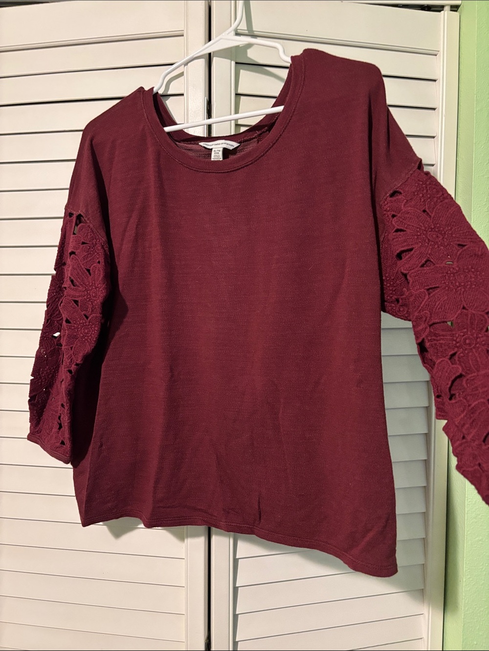 American Eagle Outfitters Burgundy Crochet-Sleeve Pullover
